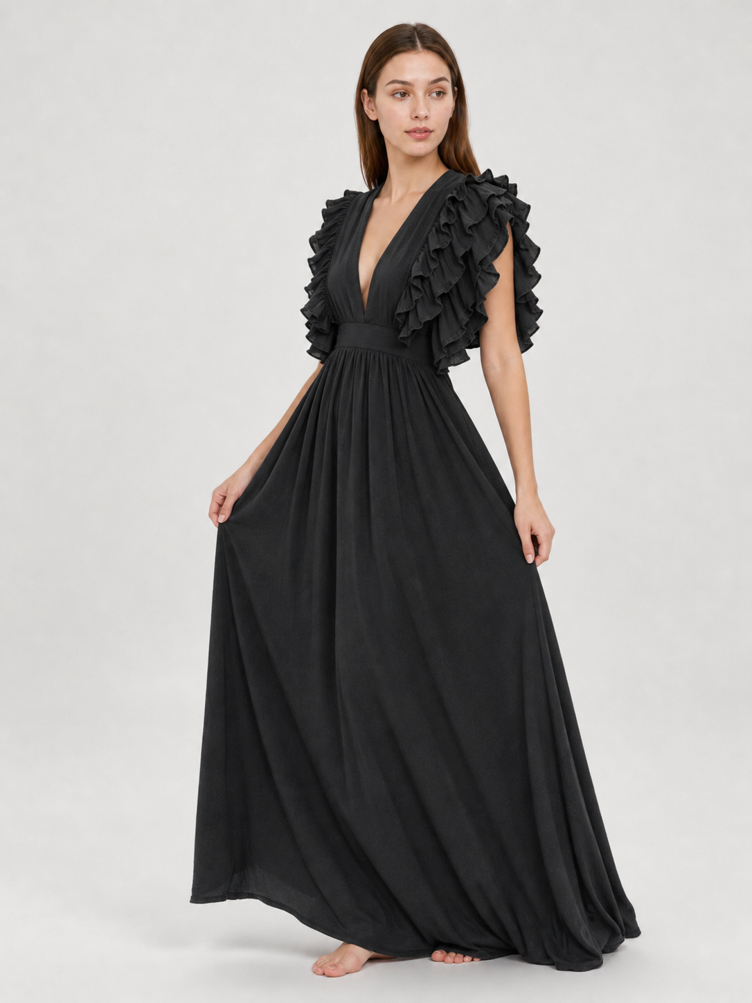 Floor-Length Evening Dress with a Deep V-Neckline
