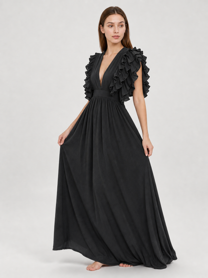 Floor-Length Evening Dress with a Deep V-Neckline