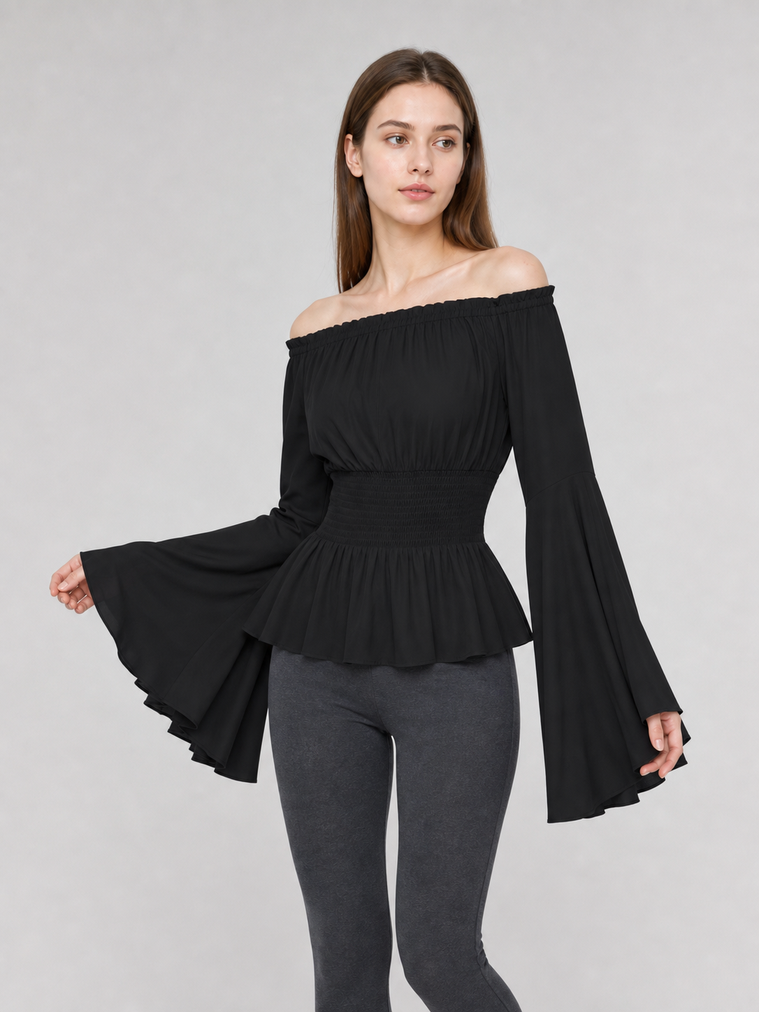 Black Off-the-Shoulder Blouse with Flared Sleeves