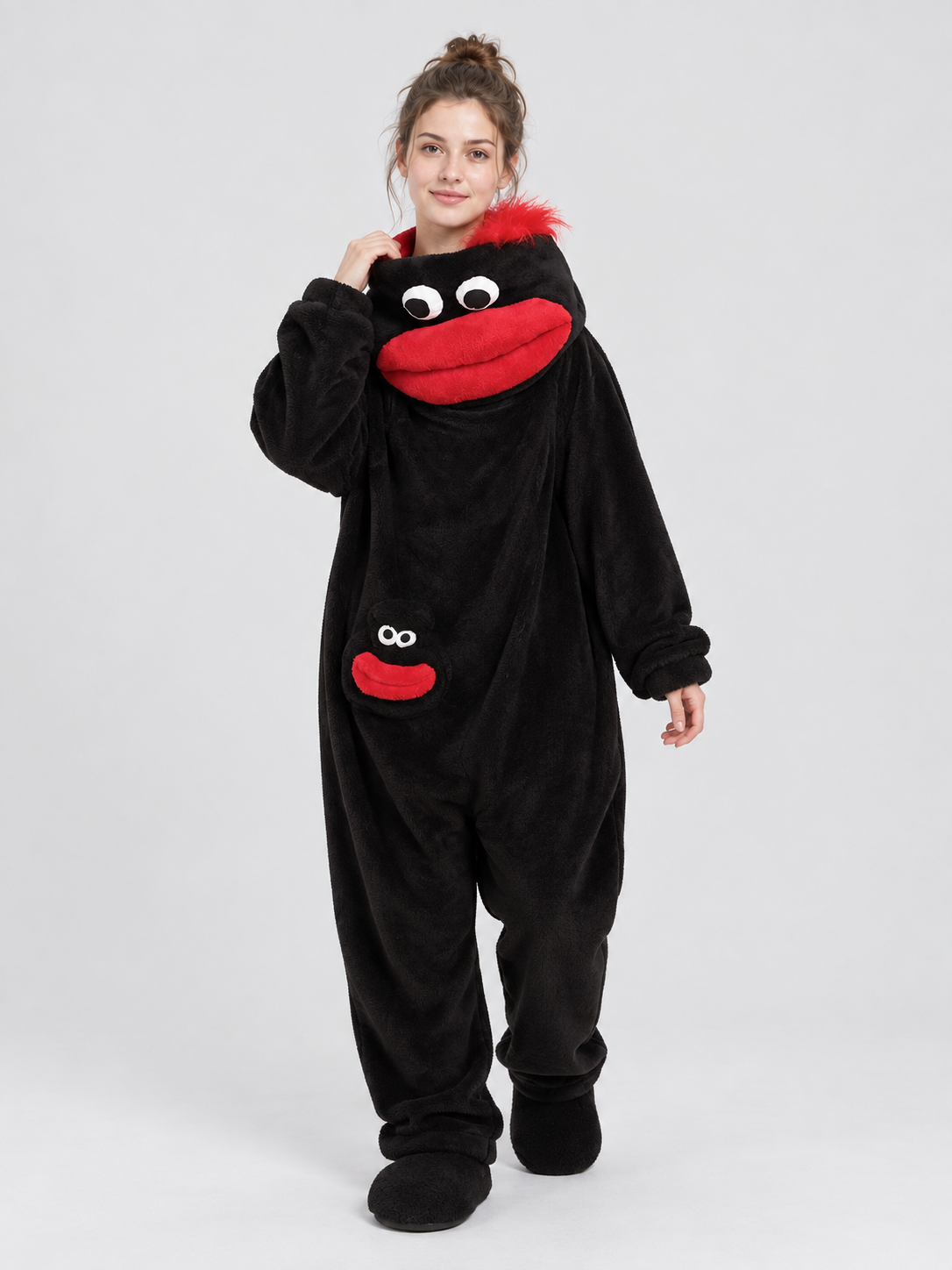 Black Coral Fleece Pajama Jumpsuit with Appliqué