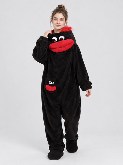 Black Coral Fleece Pajama Jumpsuit with Appliqué