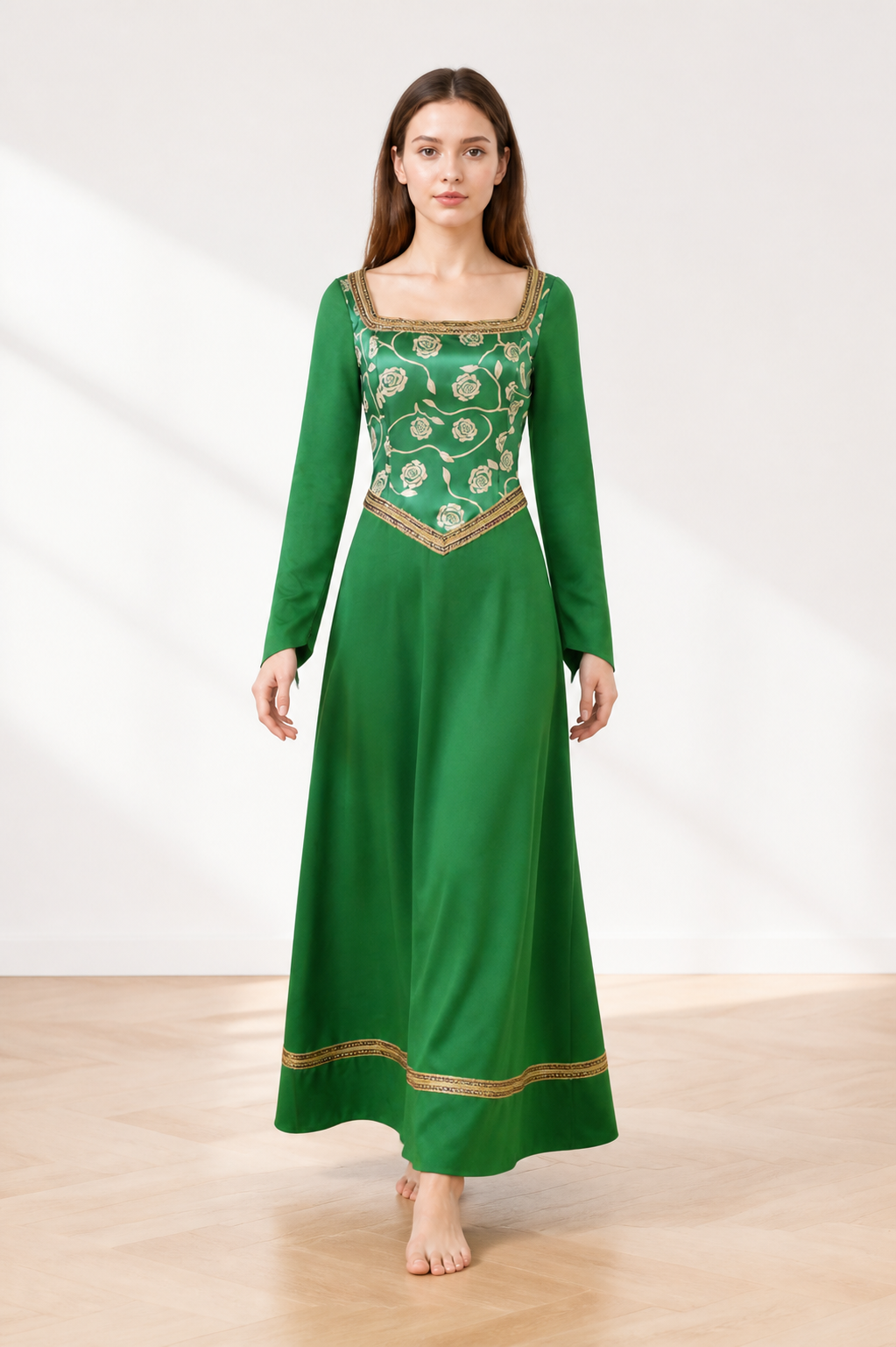Green Dress with Gold Trim and Floral Pattern Costume Dresses detail