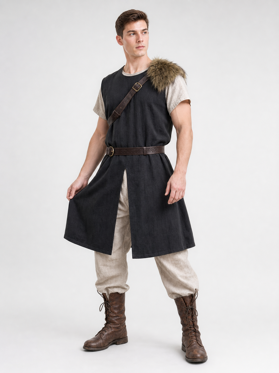 Black Sleeveless Tunic with Fur Trim and Belt
