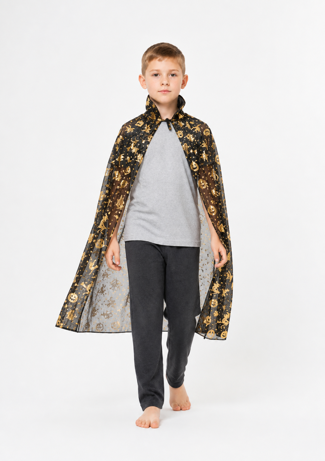 Halloween Cloak with Gold Designs and a High Collar Costume Capes detail