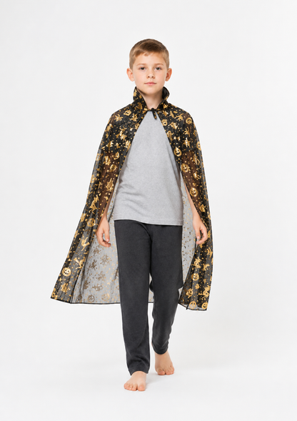 Halloween Cloak with Gold Designs and a High Collar Costume Capes detail