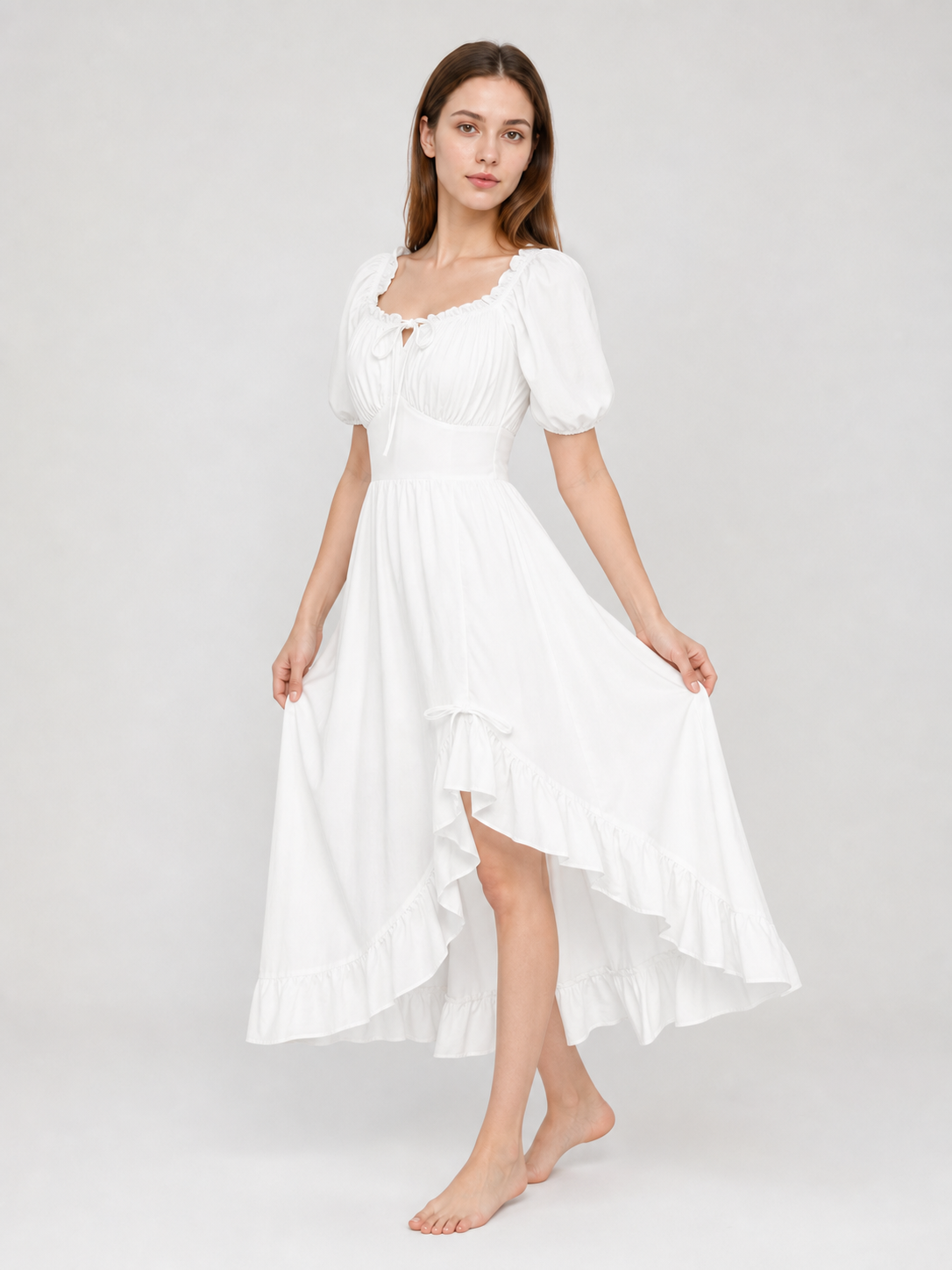 White Midi Dress with a Corset-Style Bodice and Ruffles
