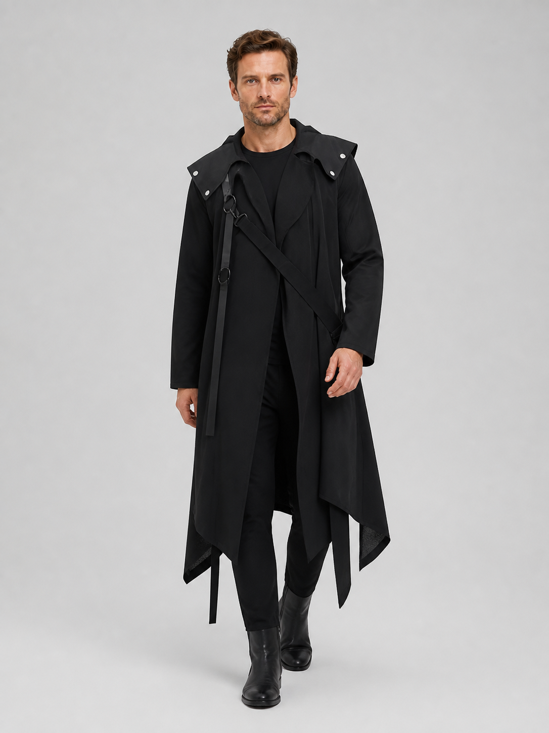 Black Long Cloak with an Asymmetrical Hem and Rivets Costume Capes detail 2