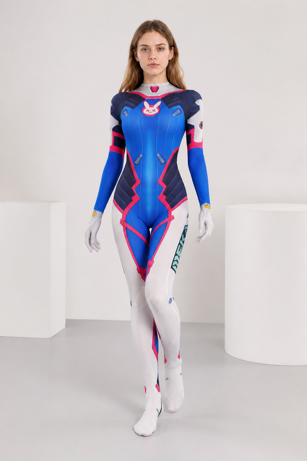 Fitted blue, white, and pink printed cosplay jumpsuit Costumes detail