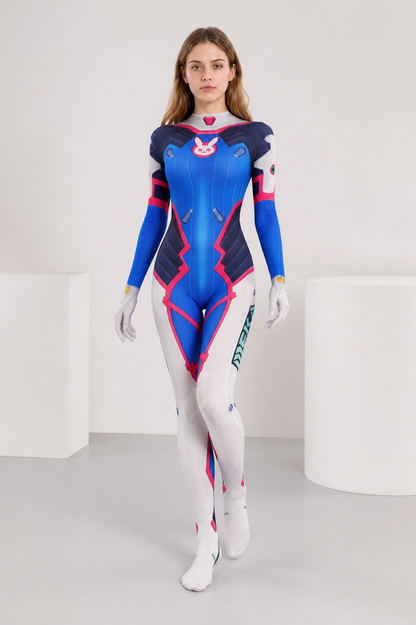 Fitted blue, white, and pink printed cosplay jumpsuit Costumes detail