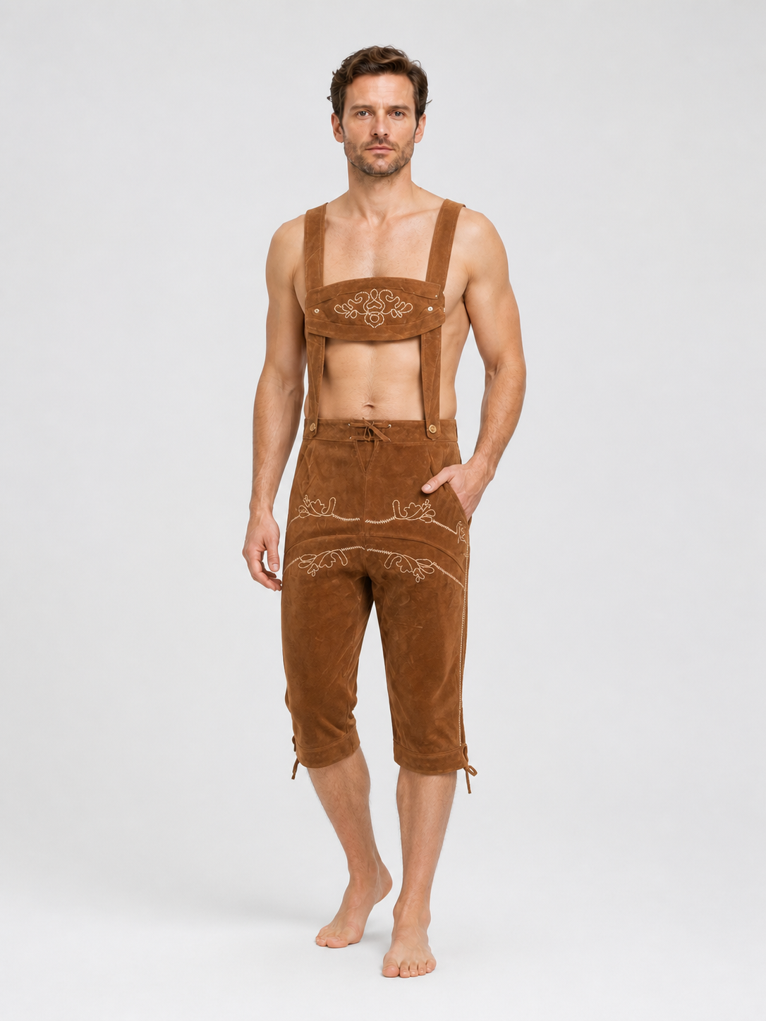 Oktoberfest Embroidered Bib Pants with Suspenders, Brown product detail 2