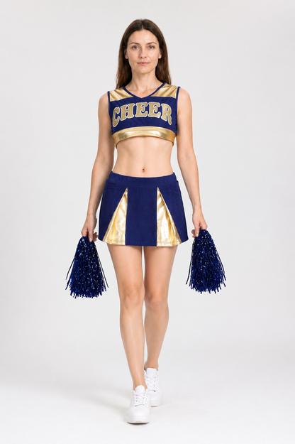 Cheerleading Uniform: Top and Skirt, Navy Blue with Gold Costumes detail 2