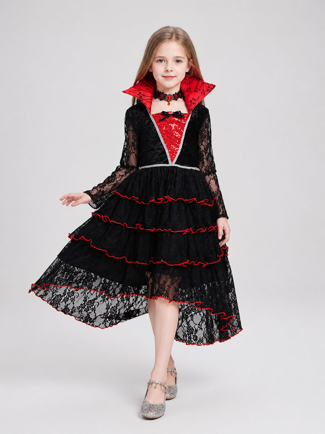 Black Halloween Dress with Red Trim and Lace Costume Dresses detail 2