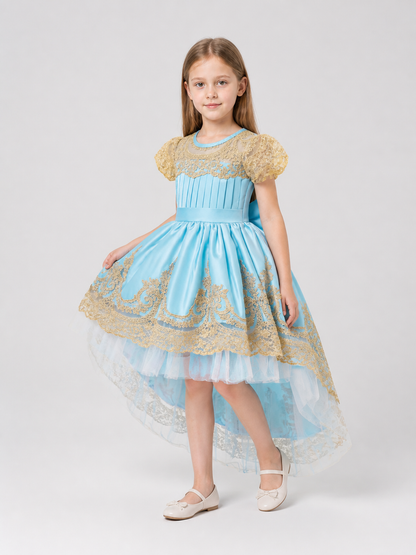 Blue Princess Dress with Gold Lace and Train Costume Dresses detail 2