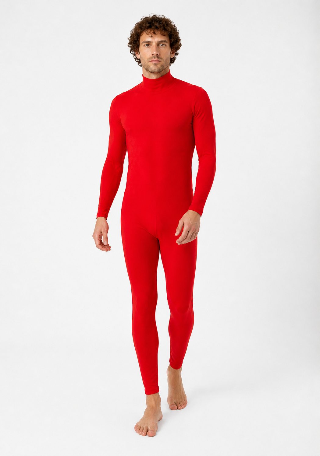 Red form-fitting jumpsuit with a high collar product detail