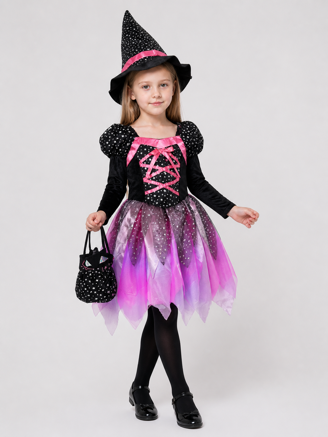 Children's Witch Costume with Full Skirt and Star-Patterned Hat Costume Headwear detail 2