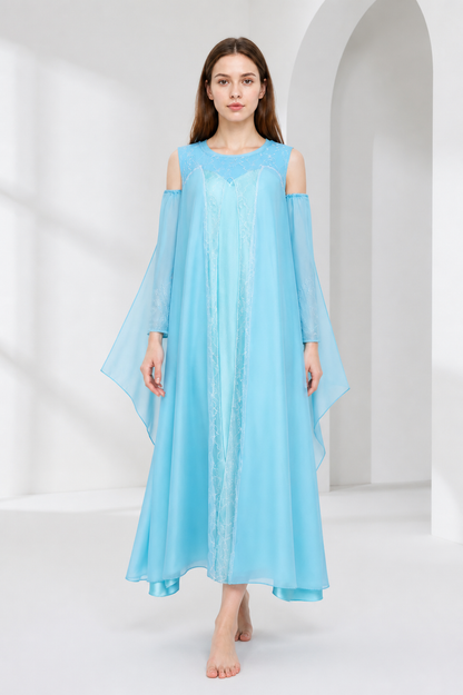 Long Light-Blue Dress with Off-the-Shoulder Neckline and Sleeves Costume Dresses detail 2