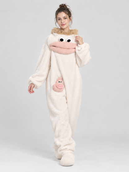 White Loungewear Pajama Jumpsuit with Cartoon Design