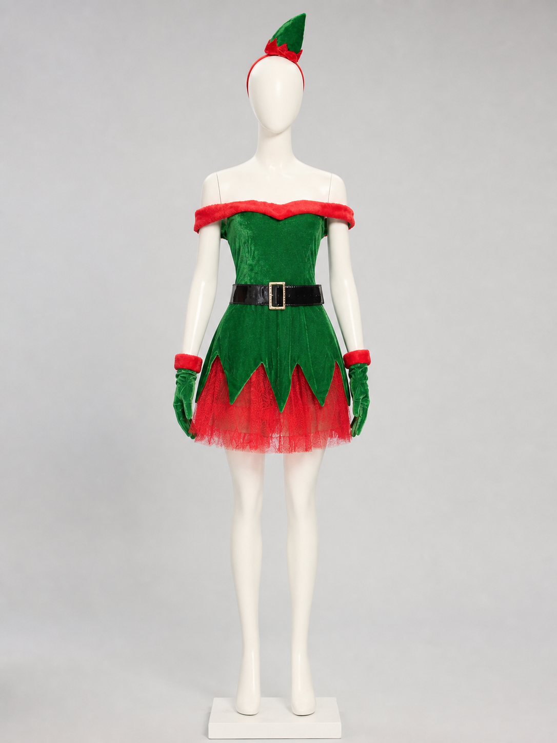 Christmas Elf Costume with Green Skirt and Red Trim