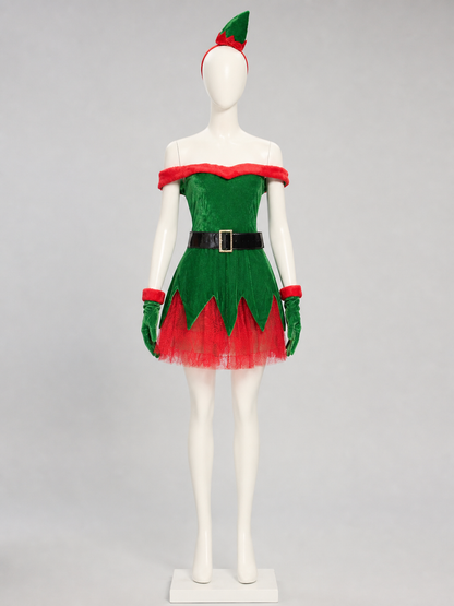 Christmas Elf Costume with Green Skirt and Red Trim