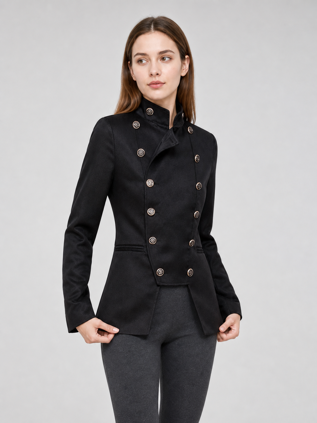 Black jacket with an asymmetrical double-breasted placket