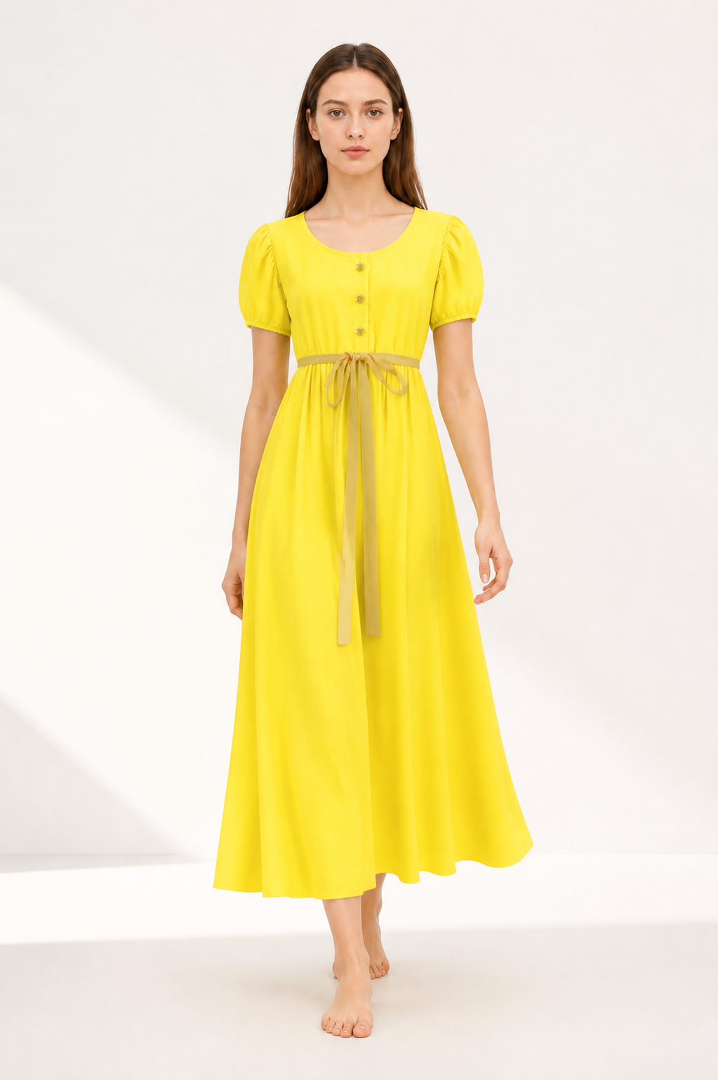 Long Yellow Button-Front Dress with Drawstring Costume Dresses detail 2