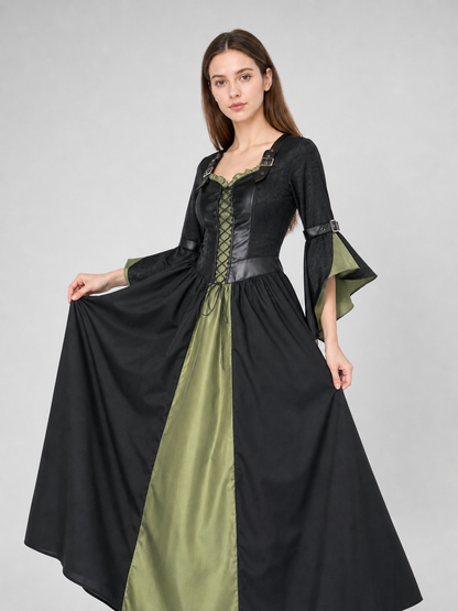 Long Witch-Style Dress with Sleeves and Lace-Up Detail