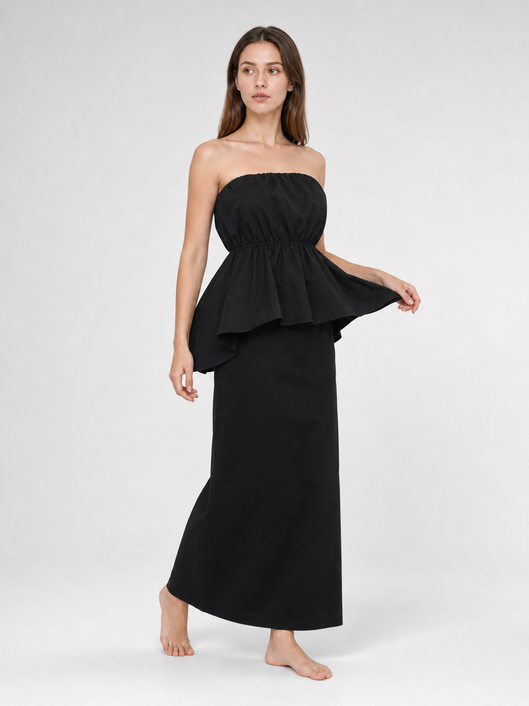 Black Bandeau Dress with a Ruched Top