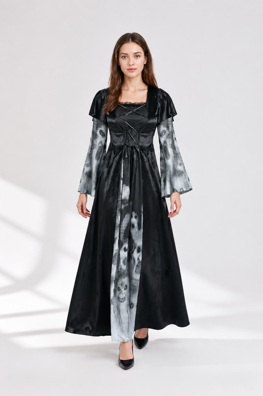 Long Dress with Flared Sleeves and Ghost Print