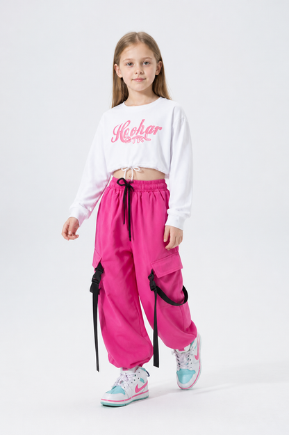 Kids' Set: White Printed Top and Pink Cargo Pants product detail 2