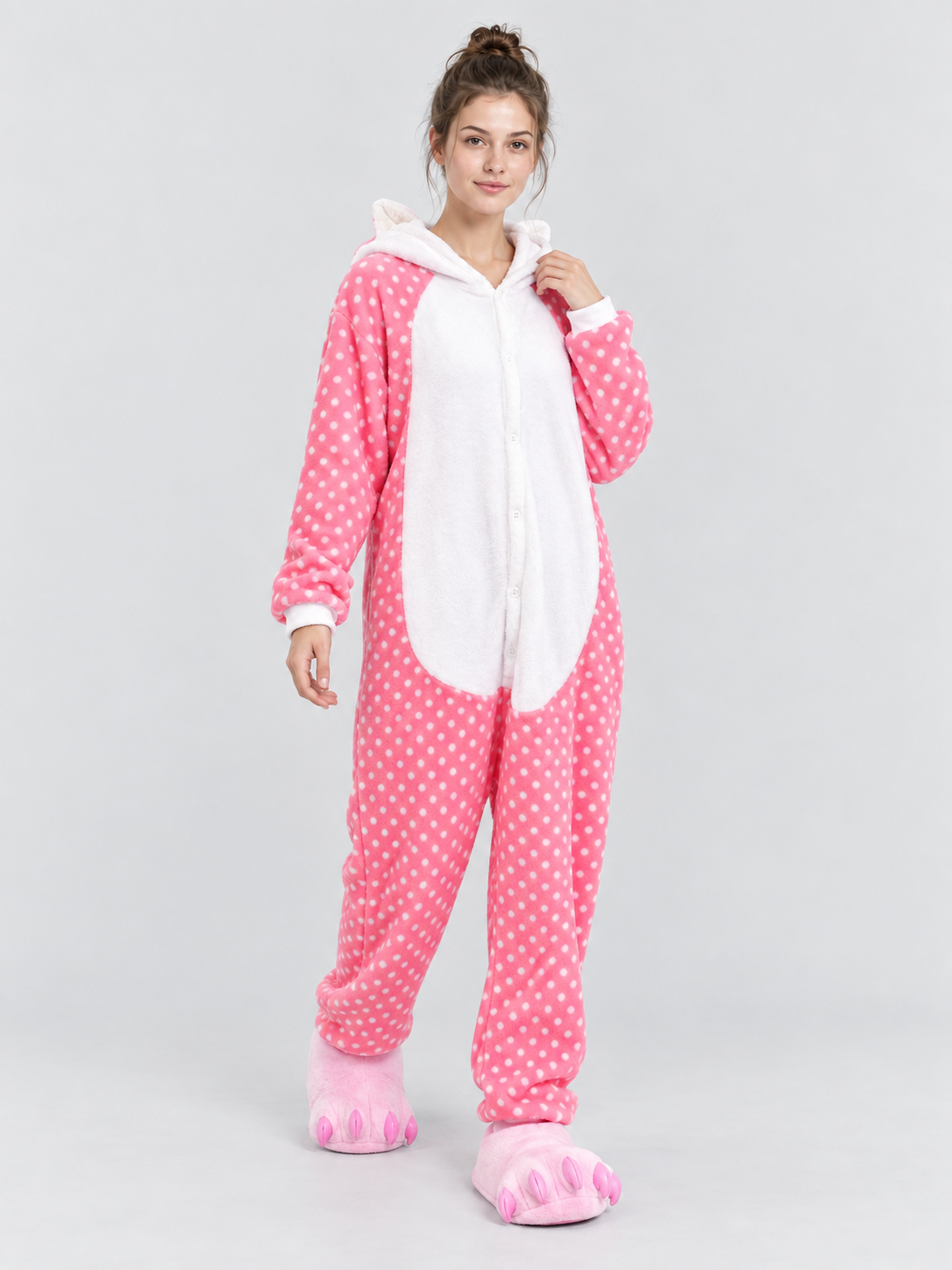 Pink Pajama Jumpsuit with White Polka Dots and Ears