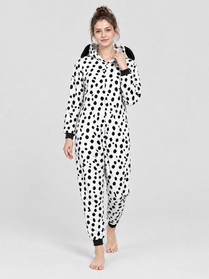 White pajama jumpsuit with black spots and ears