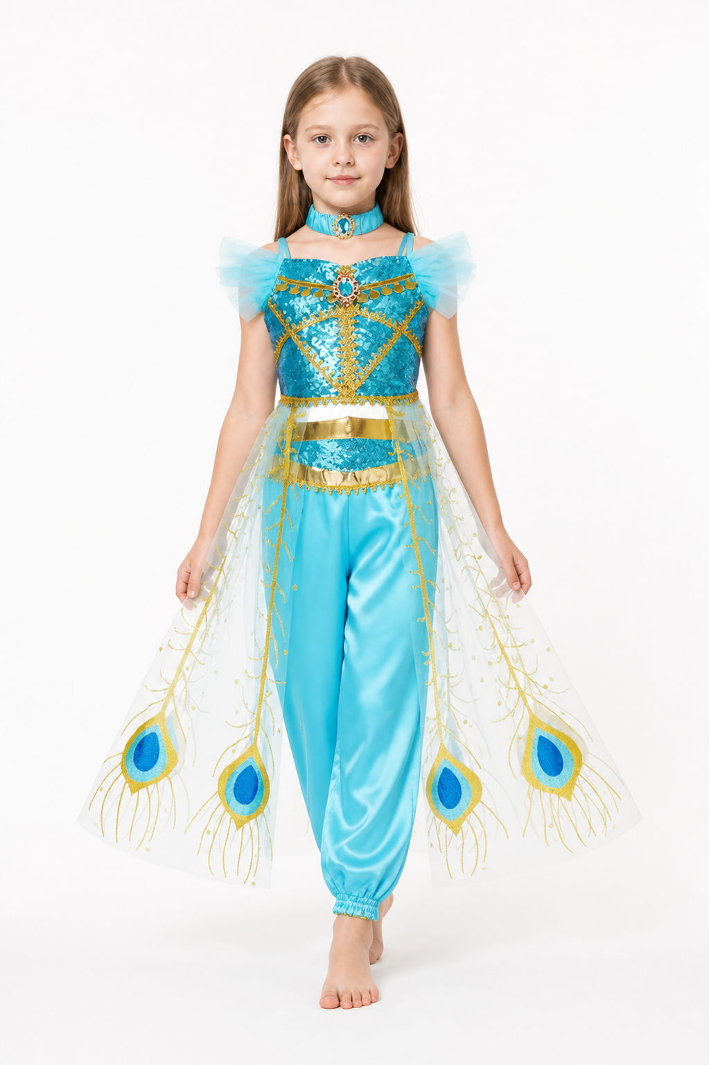 Jasmine Aladdin Costume with Peacock Feathers for Halloween Costumes detail 2