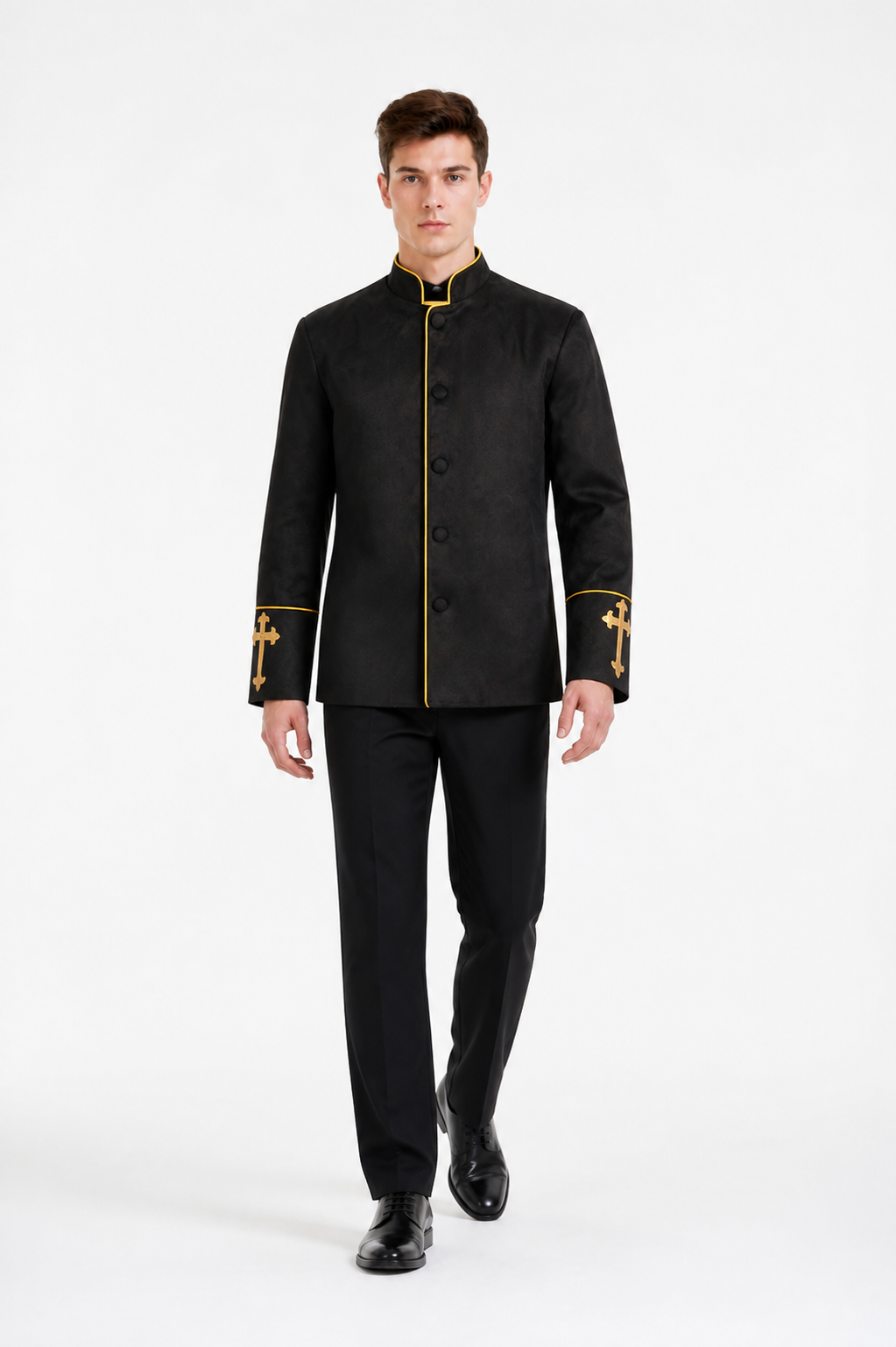 Stand-Collar Jacket with Gold Trim and Crosses product detail