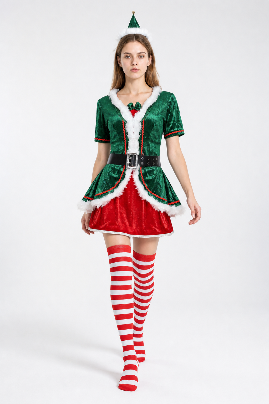 New Year's elf costume with a pointed hat and knee-high socks Costume Headwear detail