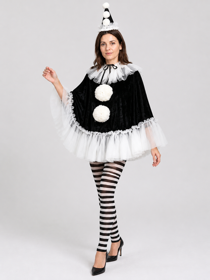 Black and White Carnival Cape with Pom-Poms Costume Capes detail 2
