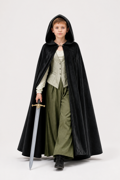 Adult Black Long Hooded Cloak with a Wide Hem