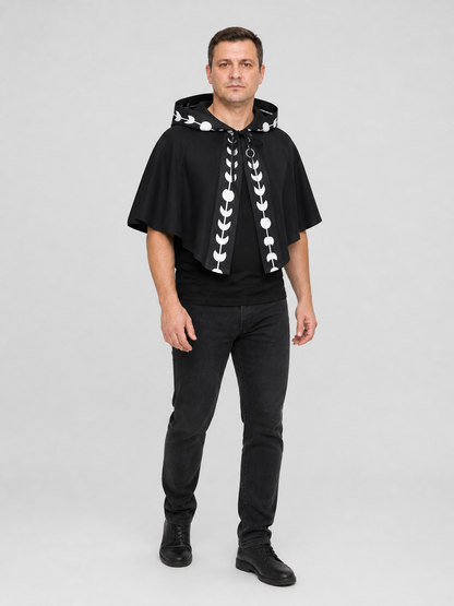 Black and White Hooded Cape with Moon Phases for Halloween Costume Capes detail 2
