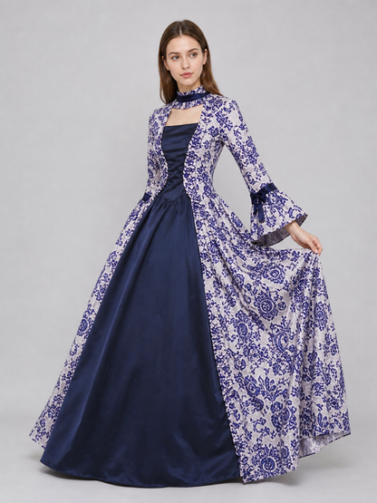 Patterned Evening Dress with Long Sleeves and a Flared Skirt