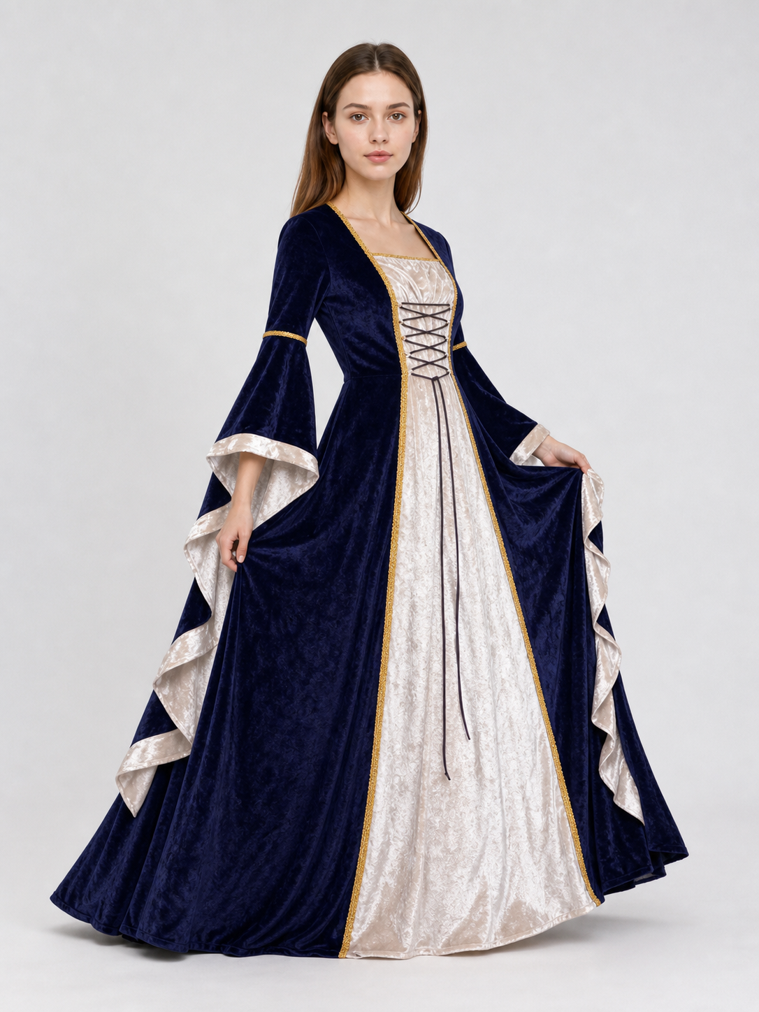 Gothic medieval-style dress made of textile fabric, featuring a floor-length design with a full skirt and flared sleeves. The sleeves are accented with tiered ruffles that emphasize the costume’s historical character. The main color is deep