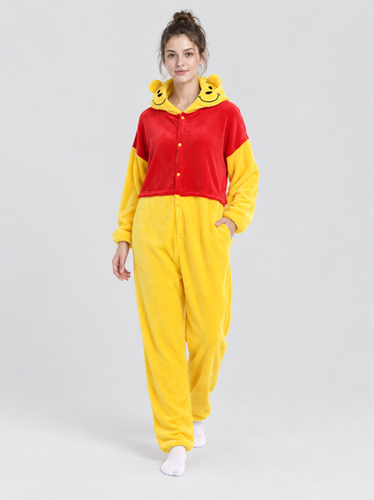 Yellow and Red Pajama Jumpsuit with Hood and Ears