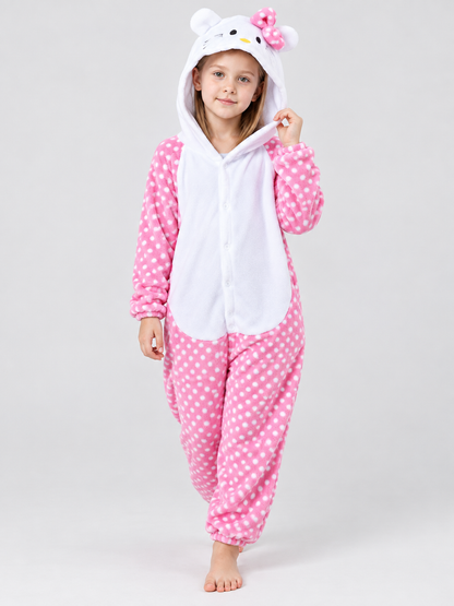 Kids' Flannel Fleece Hooded Pajama Jumpsuit with Ears, Pink and White