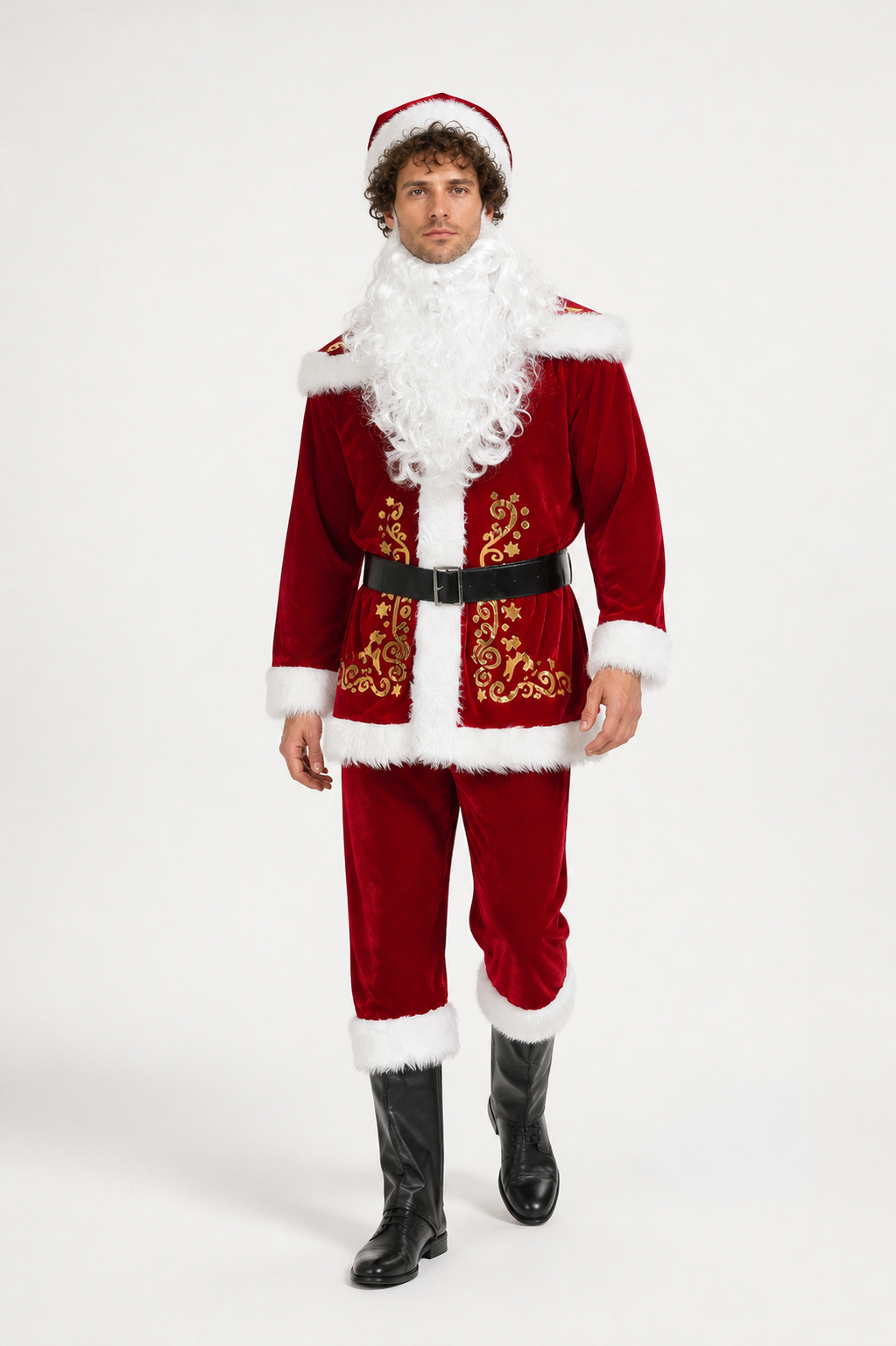 Santa Claus Costume, Red with White Fur Trim and Beard Costumes detail 2