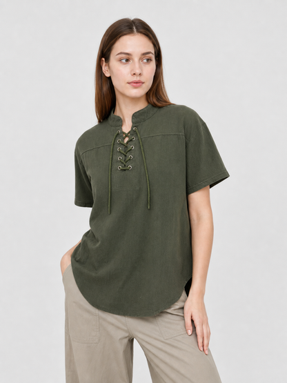 Green Short-Sleeve Lace-Up Shirt