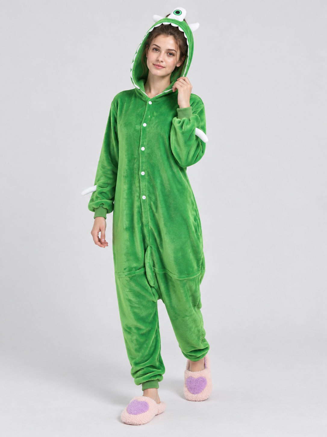 Green Fleece Hooded Pajama Jumpsuit with Tail
