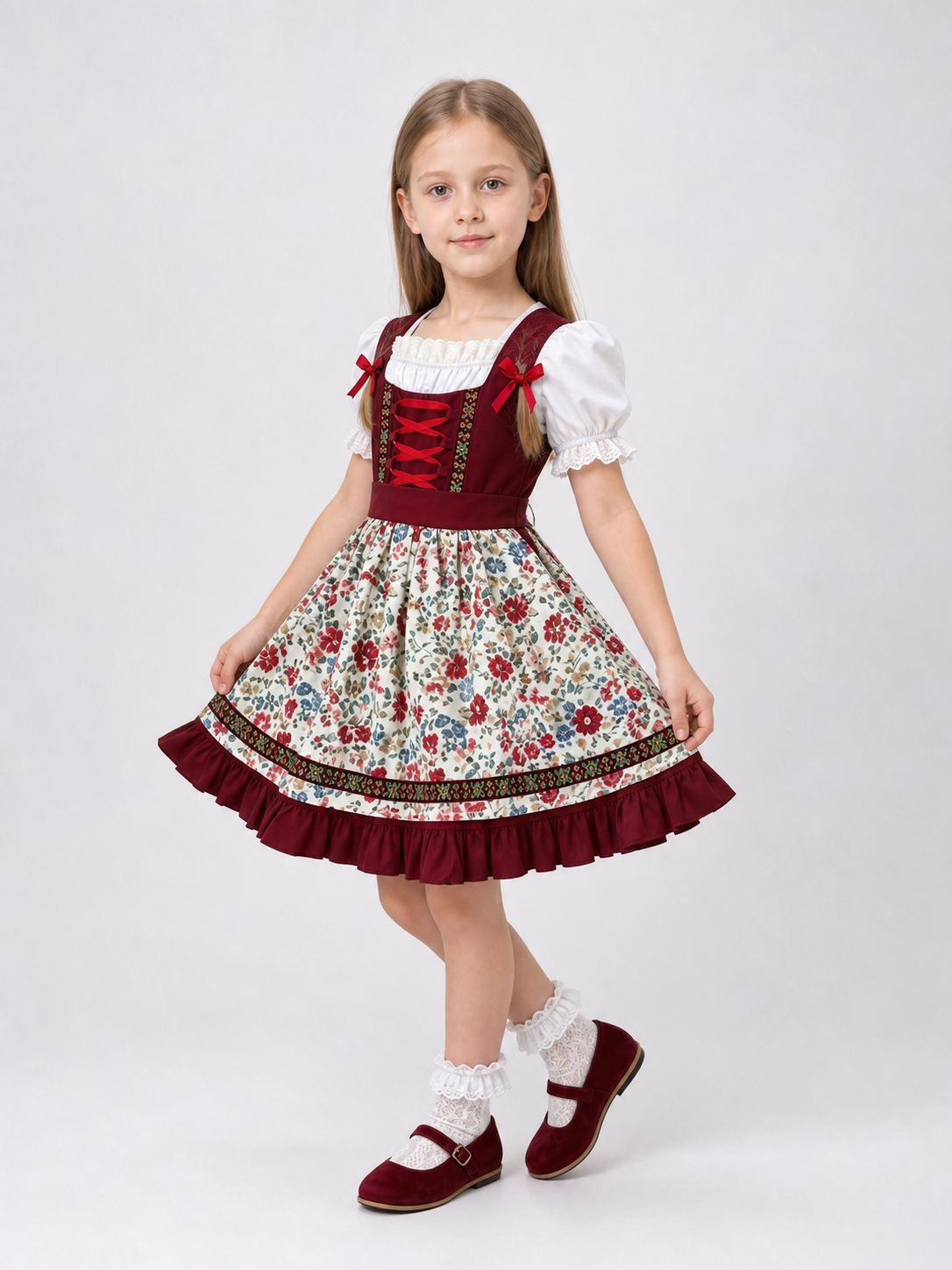 Dirndl with Floral Print and Lace Trim