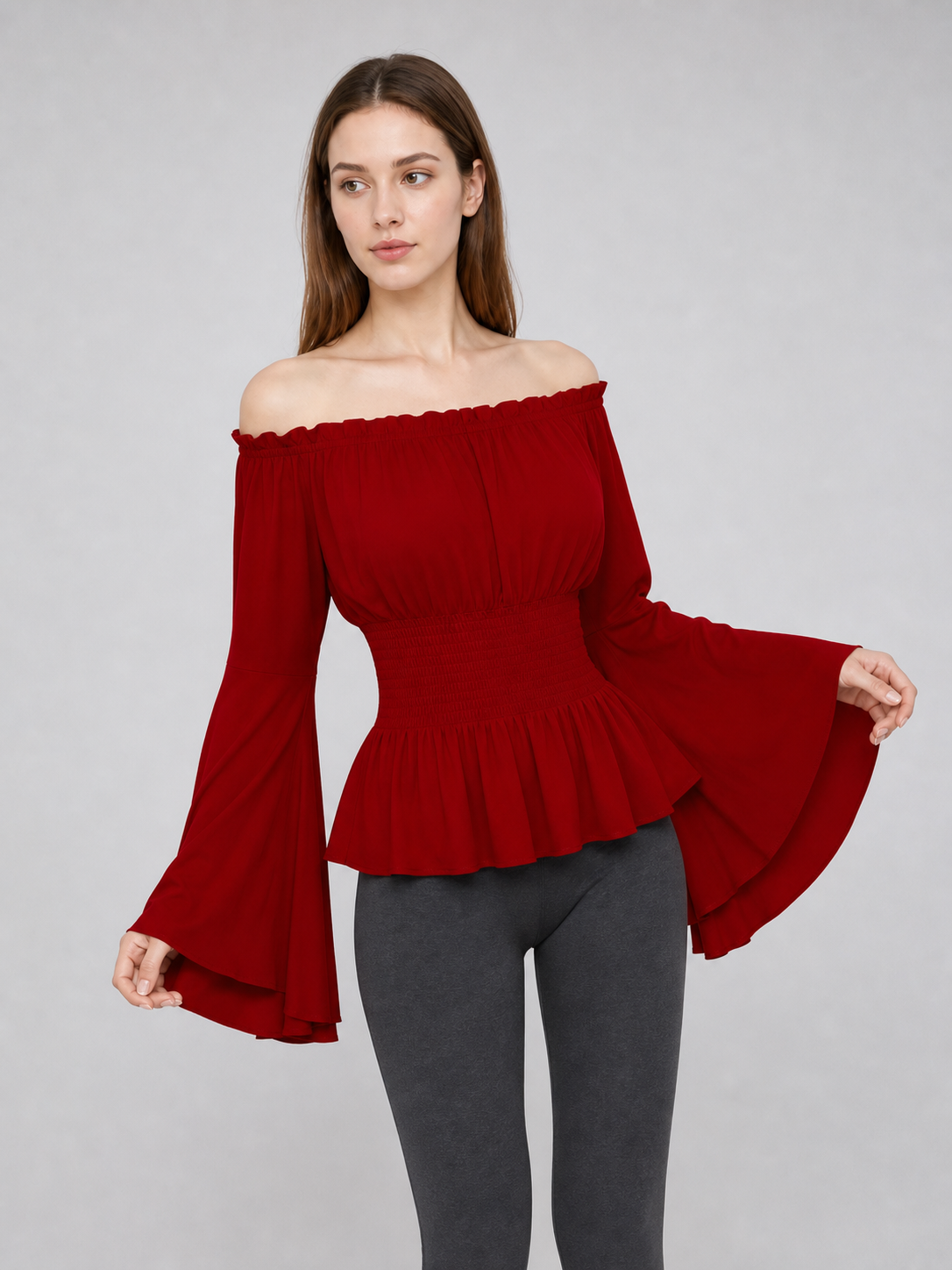 Long-Sleeve Peplum Blouse, Deep Red