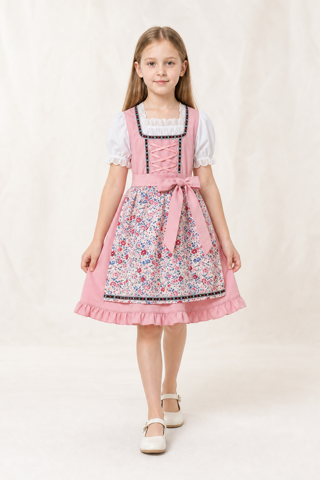 Children's dirndl-style dress with apron and headscarf