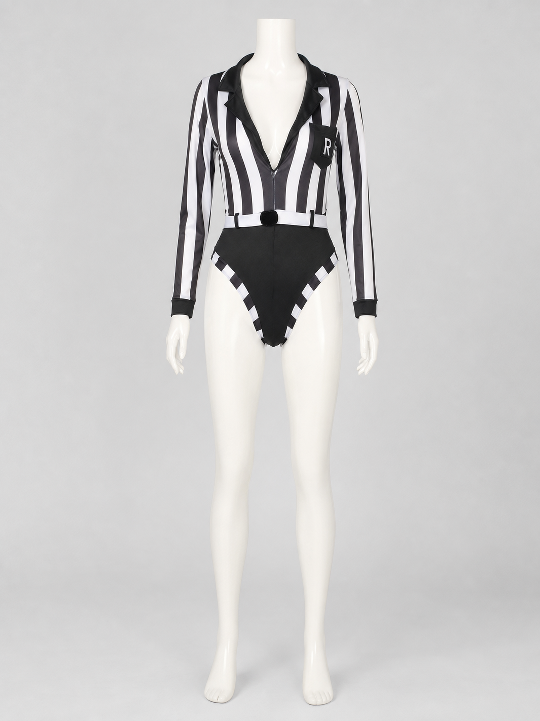 Black and White Striped Jumpsuit with Notched Collar