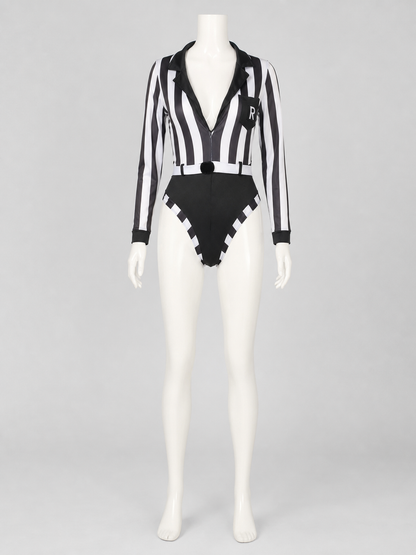Black and White Striped Jumpsuit with Notched Collar