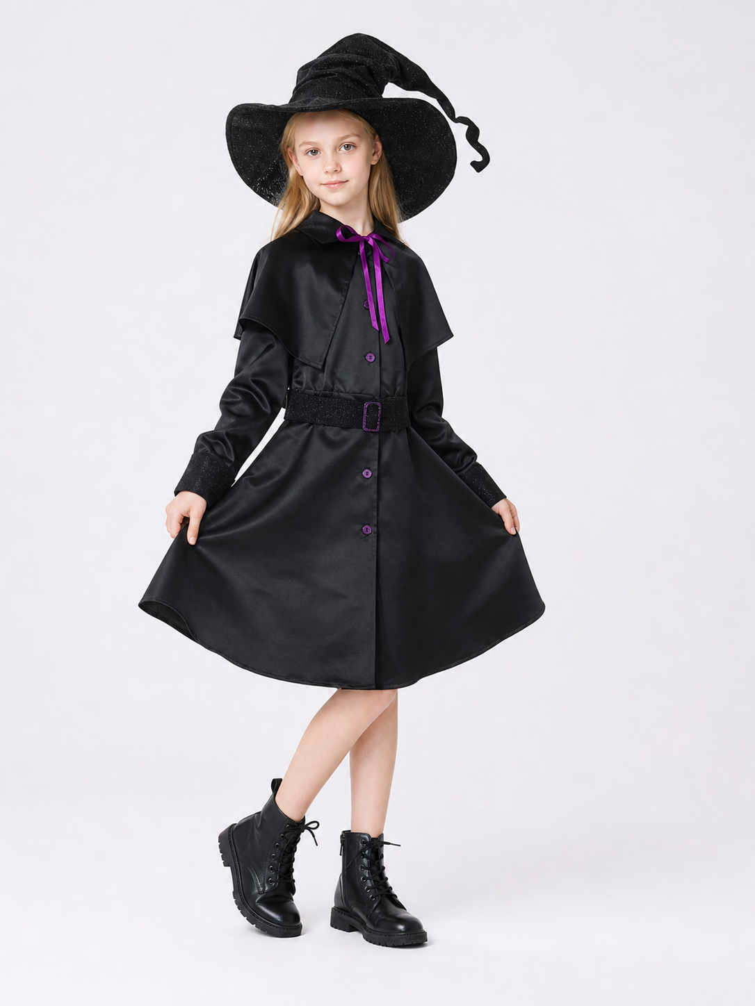 Carnival Costume with Dress, Hat, and Purple Trim